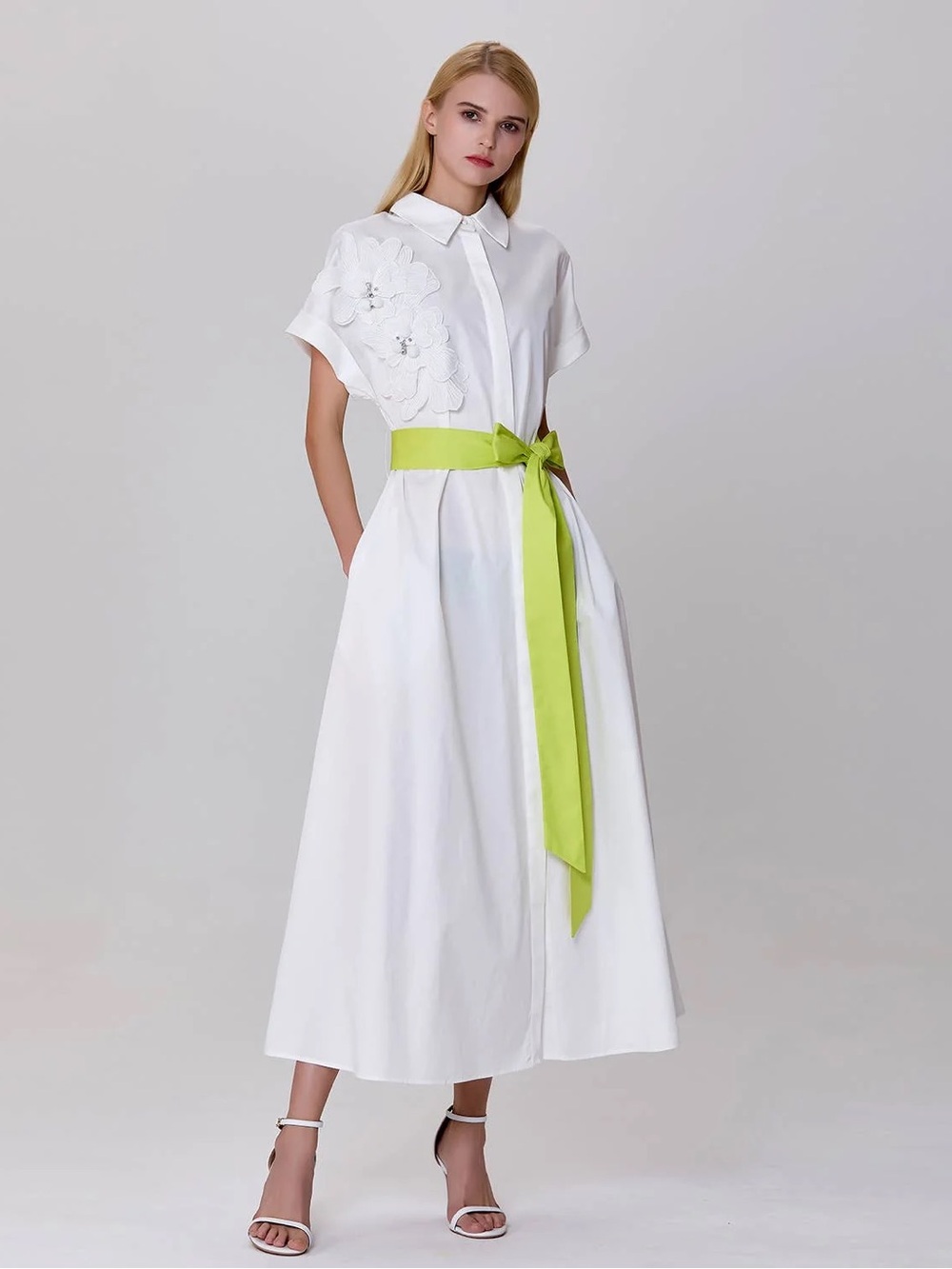 White Shirt Dress with Lime Green Sash